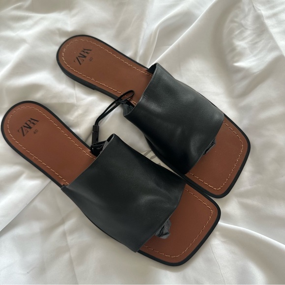 Zara Women's Black Leather Slide Sandals - Picture 4 of 7